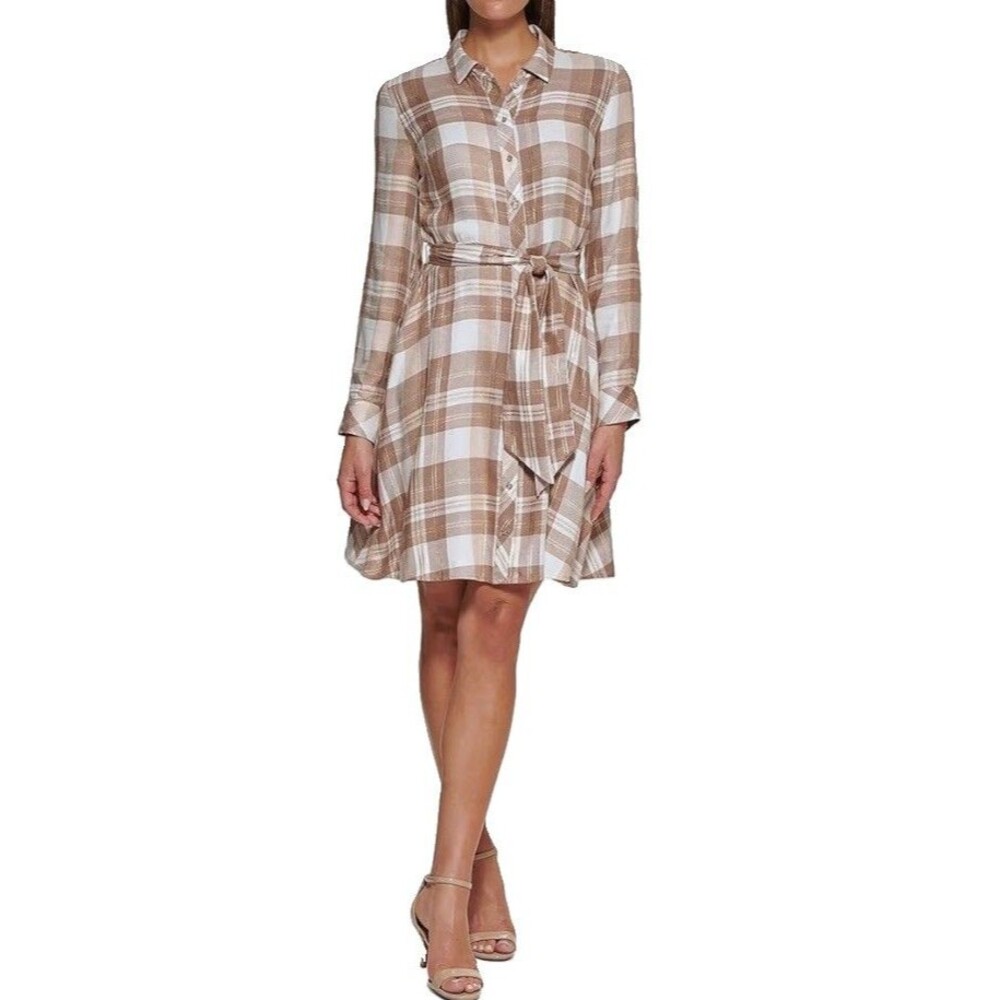 Tommy Hilfiger Plaid Shirtdress Long Sleeve Taupe NWT Size 8 Preppy Classic